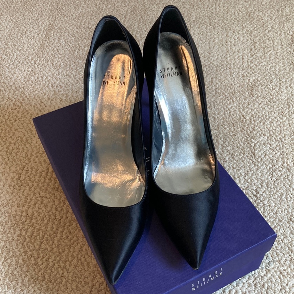 Stuart Weizman Black Satin Dazzled Heels, size 9.5
